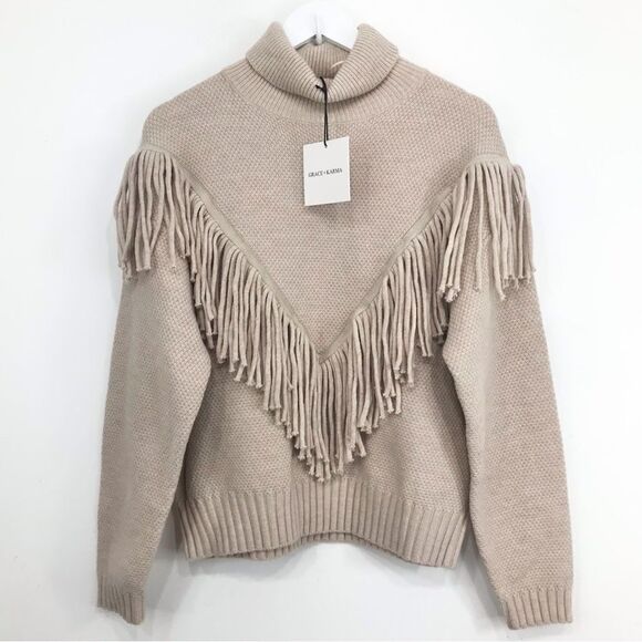 Grace + Karma Light Tan Fringe Front Pullover Turtleneck Neutral Sweater NEW - Picture 3 of 14
